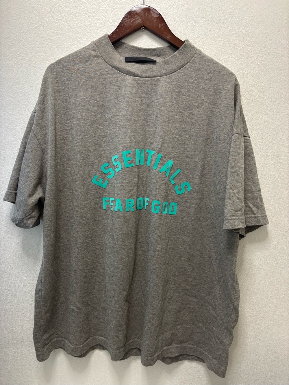 Fear of God Essentials Gray Short-Sleeve Tee with Turquoise Logo
